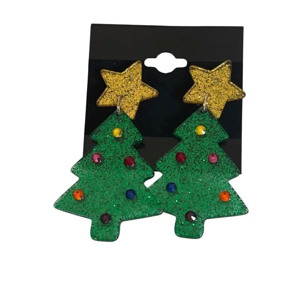 Festive Soarkly Green Christmas Tree Earrings with Gold Stars